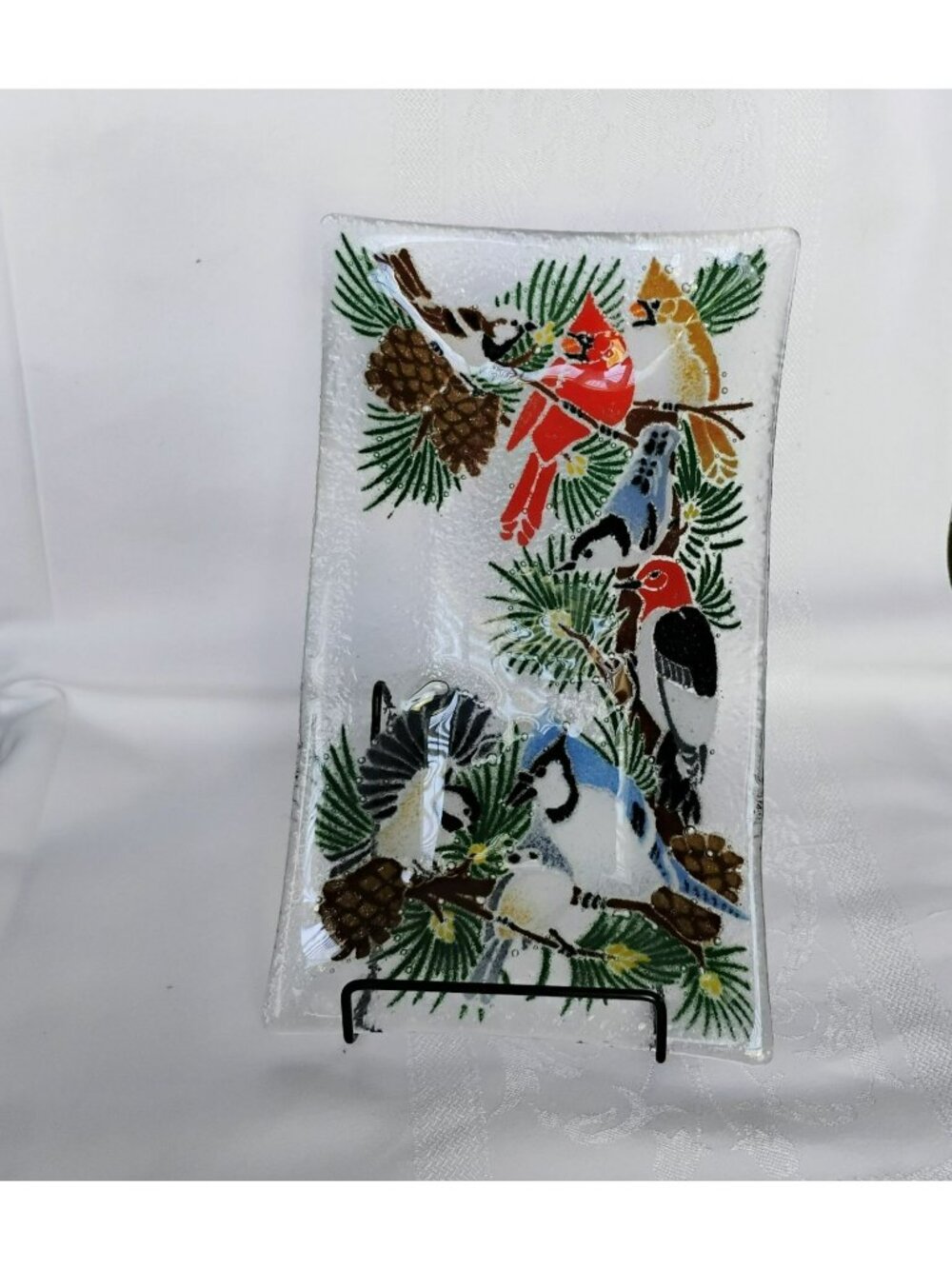 PEGGY KARR Fused Art Glass Bird Tray. Handcrafted Rectangular Plate Platter Wint